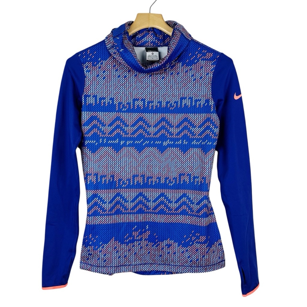 Nike Pro Dri-Fit Nordic Fair Isle Cowl Neck Long Sleeve Shirt Blue Medium